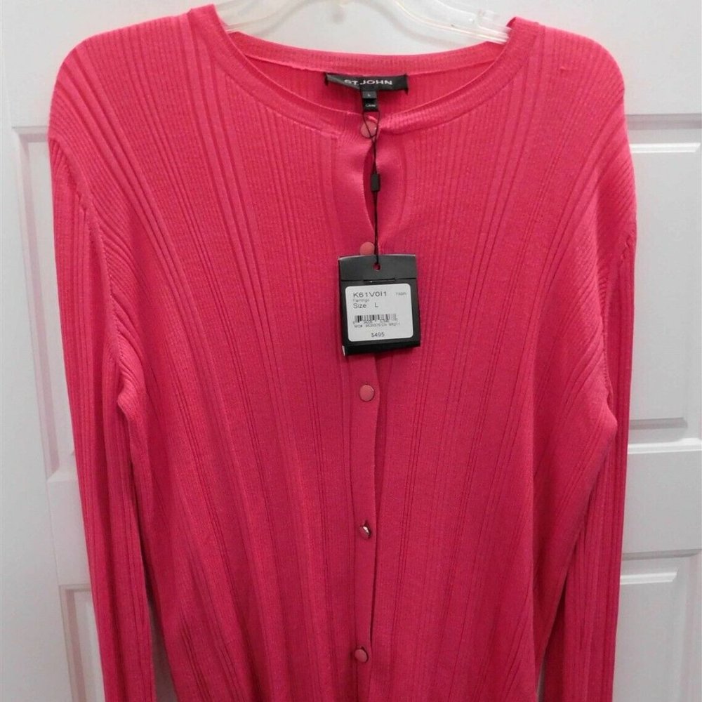 New St John Flamingo‎ Pink Lightweight Knit Button Down Cardigan sz L $495rt